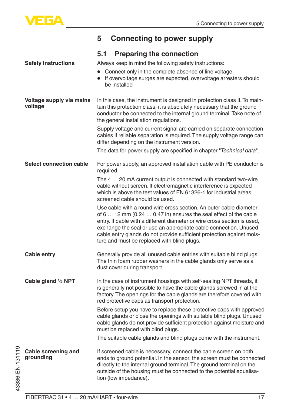 5 connecting to power supply, 1 preparing the connection | VEGA FIBERTRAC 31 4 … 20 mA_HART - four-wire With SIL qualification User Manual | Page 17 / 88