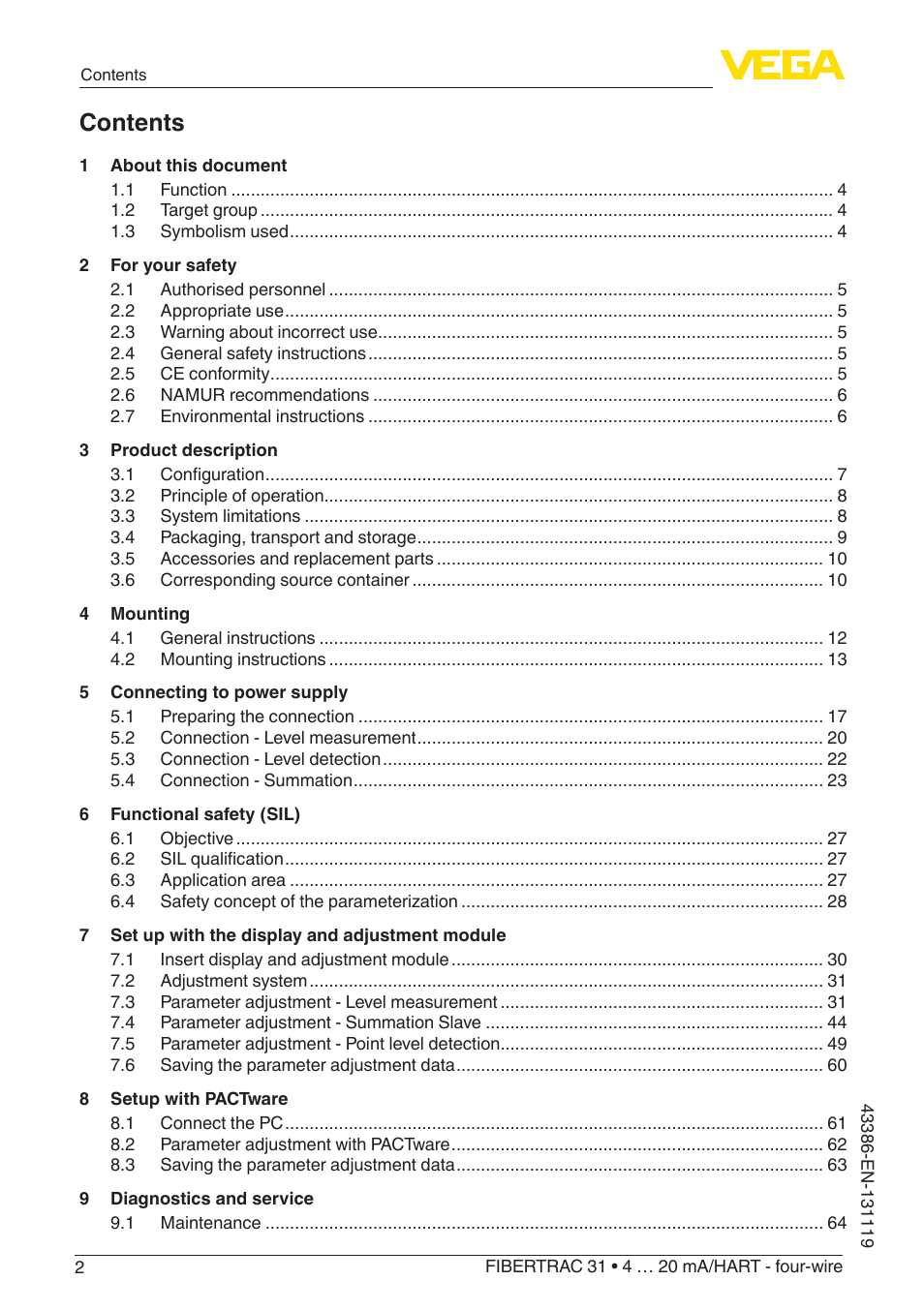 VEGA FIBERTRAC 31 4 … 20 mA_HART - four-wire With SIL qualification User Manual | Page 2 / 88