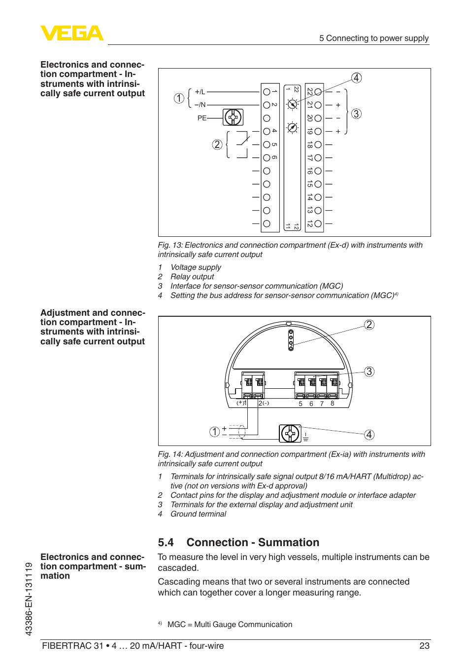 4 connection - summation | VEGA FIBERTRAC 31 4 … 20 mA_HART - four-wire With SIL qualification User Manual | Page 23 / 88