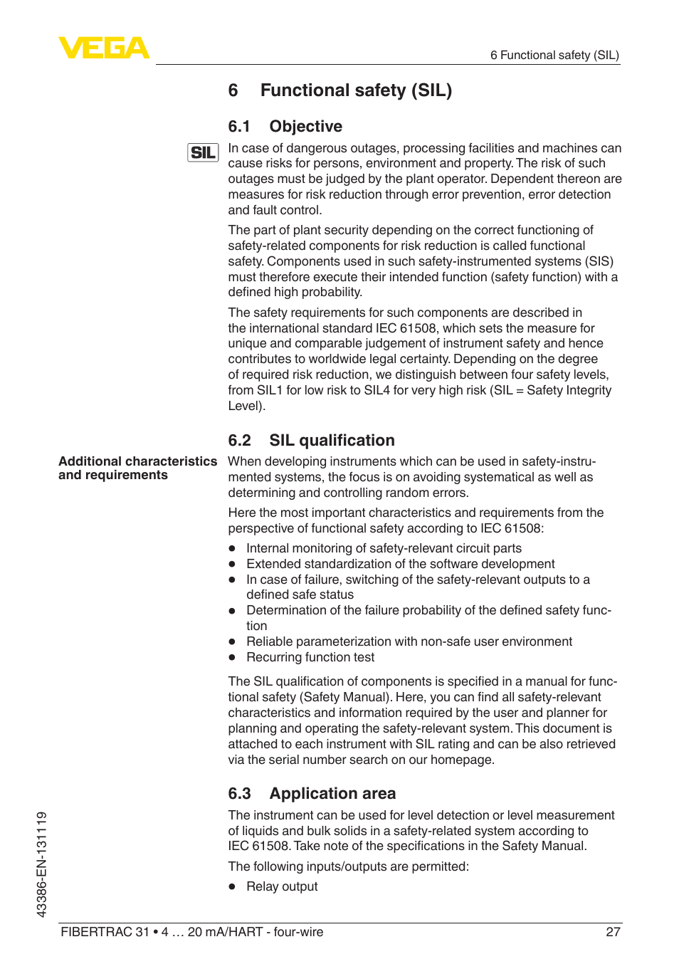 6 functional safety (sil), 1 objective, 2 sil qualification | 3 application area | VEGA FIBERTRAC 31 4 … 20 mA_HART - four-wire With SIL qualification User Manual | Page 27 / 88