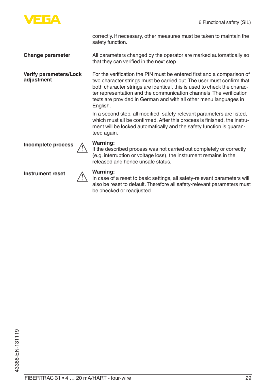 VEGA FIBERTRAC 31 4 … 20 mA_HART - four-wire With SIL qualification User Manual | Page 29 / 88