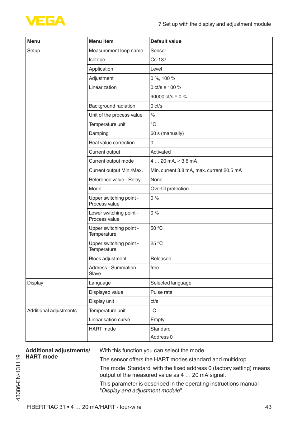 VEGA FIBERTRAC 31 4 … 20 mA_HART - four-wire With SIL qualification User Manual | Page 43 / 88