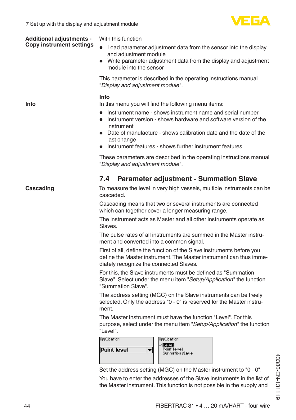 4 parameter adjustment - summation slave | VEGA FIBERTRAC 31 4 … 20 mA_HART - four-wire With SIL qualification User Manual | Page 44 / 88
