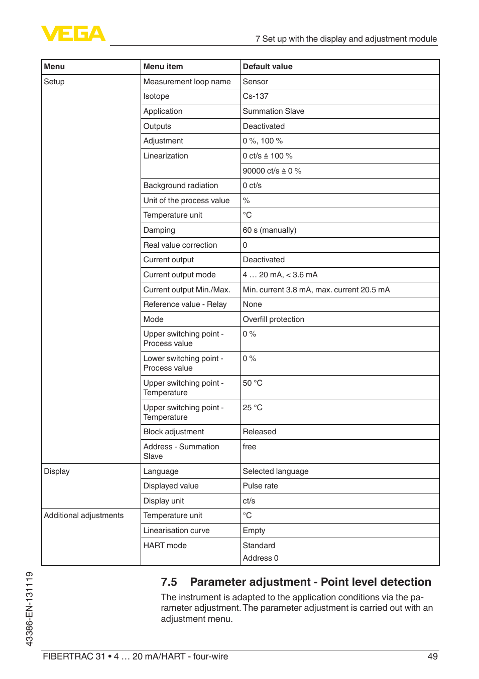 5 parameter adjustment - point level detection | VEGA FIBERTRAC 31 4 … 20 mA_HART - four-wire With SIL qualification User Manual | Page 49 / 88