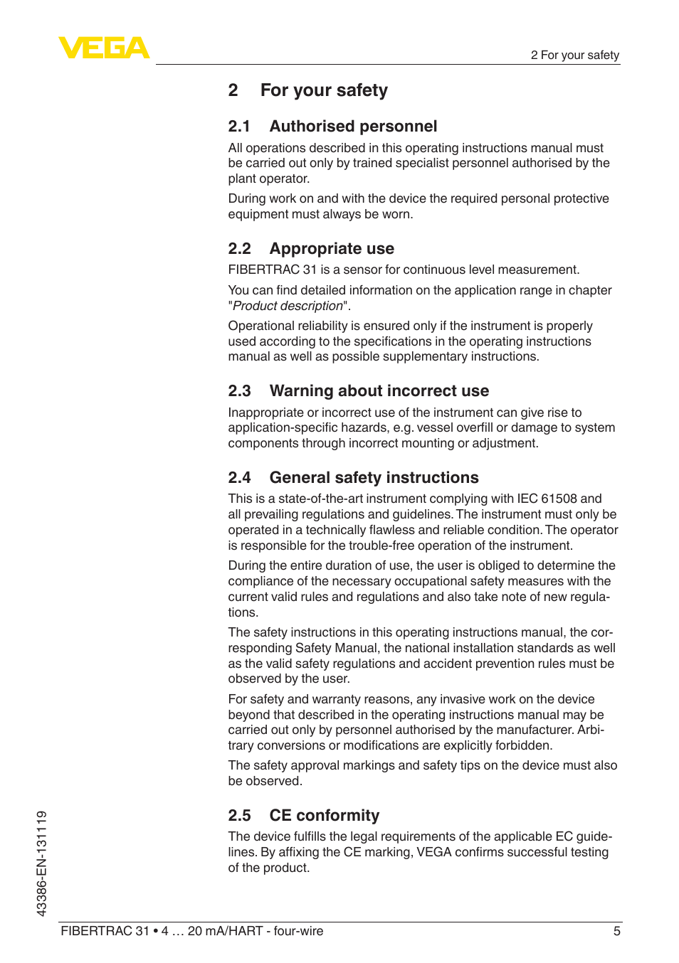 2 for your safety, 1 authorised personnel, 2 appropriate use | 3 warning about incorrect use, 4 general safety instructions, 5 ce conformity | VEGA FIBERTRAC 31 4 … 20 mA_HART - four-wire With SIL qualification User Manual | Page 5 / 88