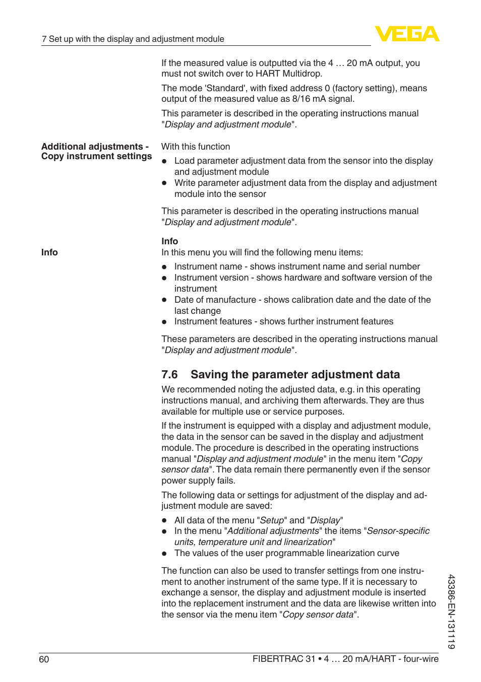 6 saving the parameter adjustment data | VEGA FIBERTRAC 31 4 … 20 mA_HART - four-wire With SIL qualification User Manual | Page 60 / 88