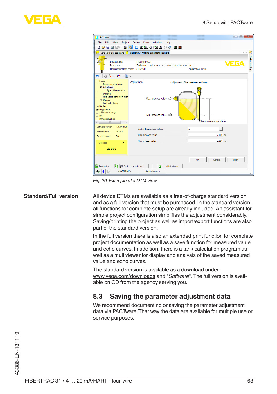 3 saving the parameter adjustment data | VEGA FIBERTRAC 31 4 … 20 mA_HART - four-wire With SIL qualification User Manual | Page 63 / 88