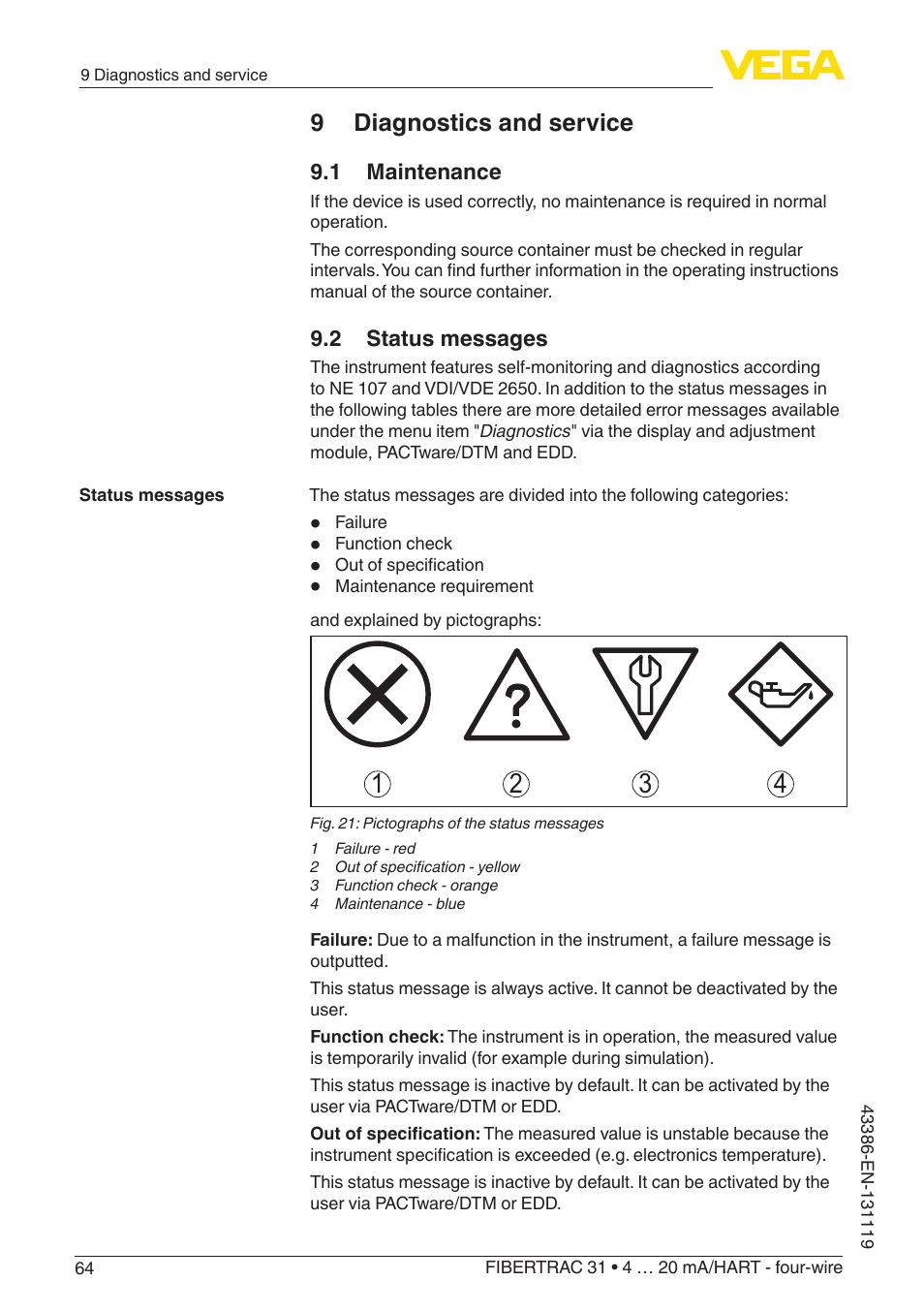 9 diagnostics and service, 1 maintenance, 2 status messages | VEGA FIBERTRAC 31 4 … 20 mA_HART - four-wire With SIL qualification User Manual | Page 64 / 88