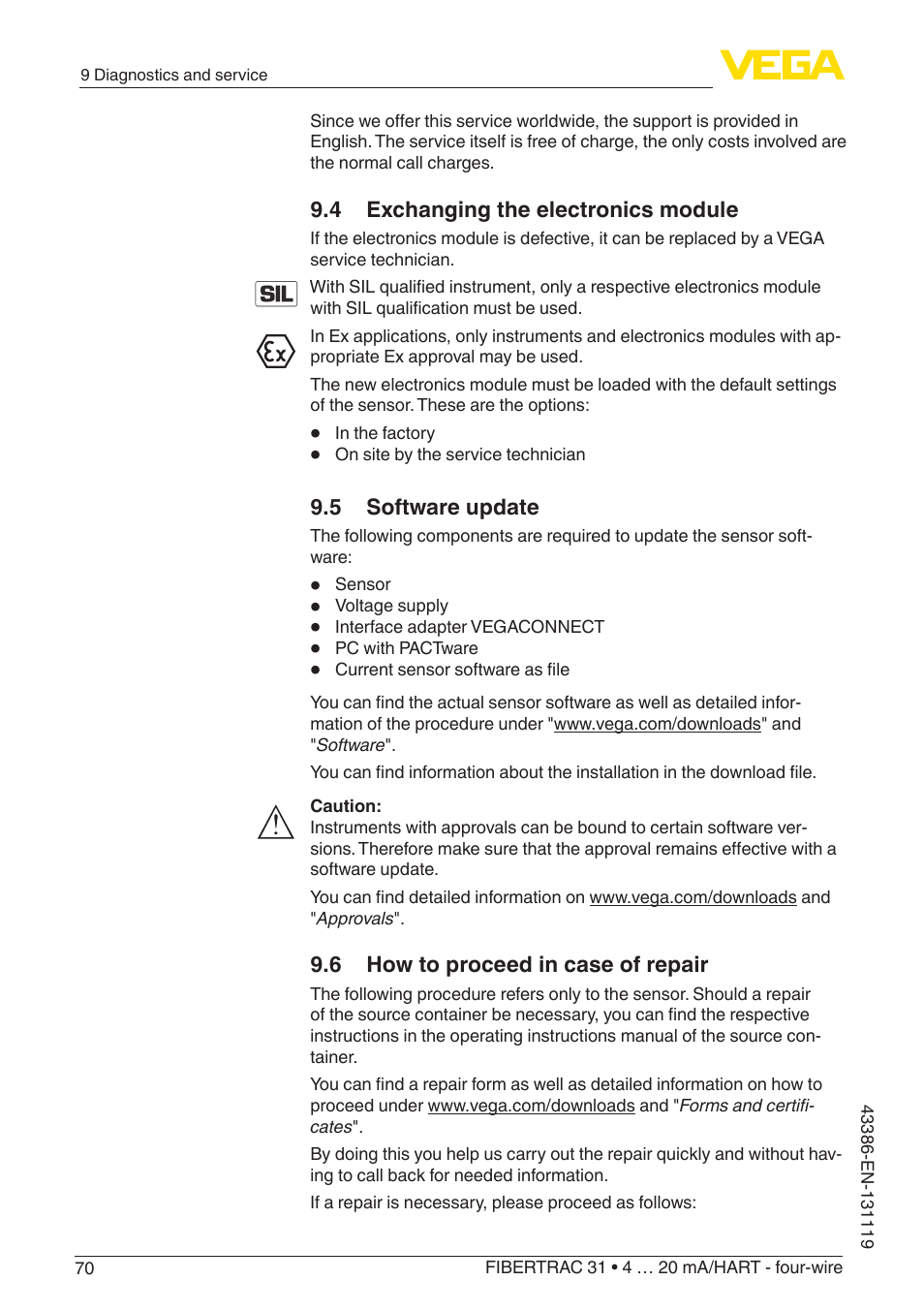 4 exchanging the electronics module, 5 software update, 6 how to proceed in case of repair | VEGA FIBERTRAC 31 4 … 20 mA_HART - four-wire With SIL qualification User Manual | Page 70 / 88
