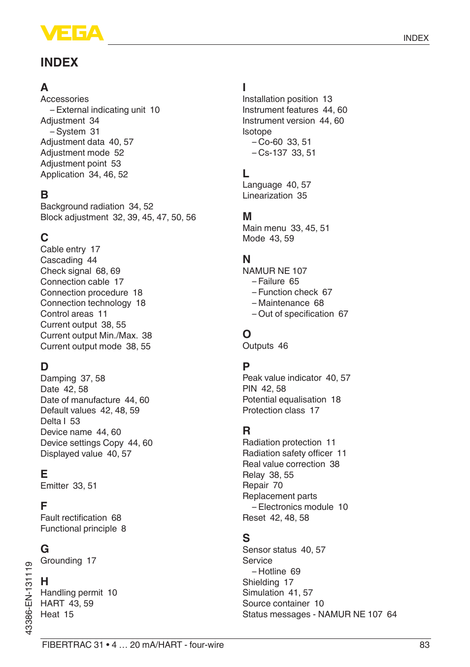 Index | VEGA FIBERTRAC 31 4 … 20 mA_HART - four-wire With SIL qualification User Manual | Page 83 / 88