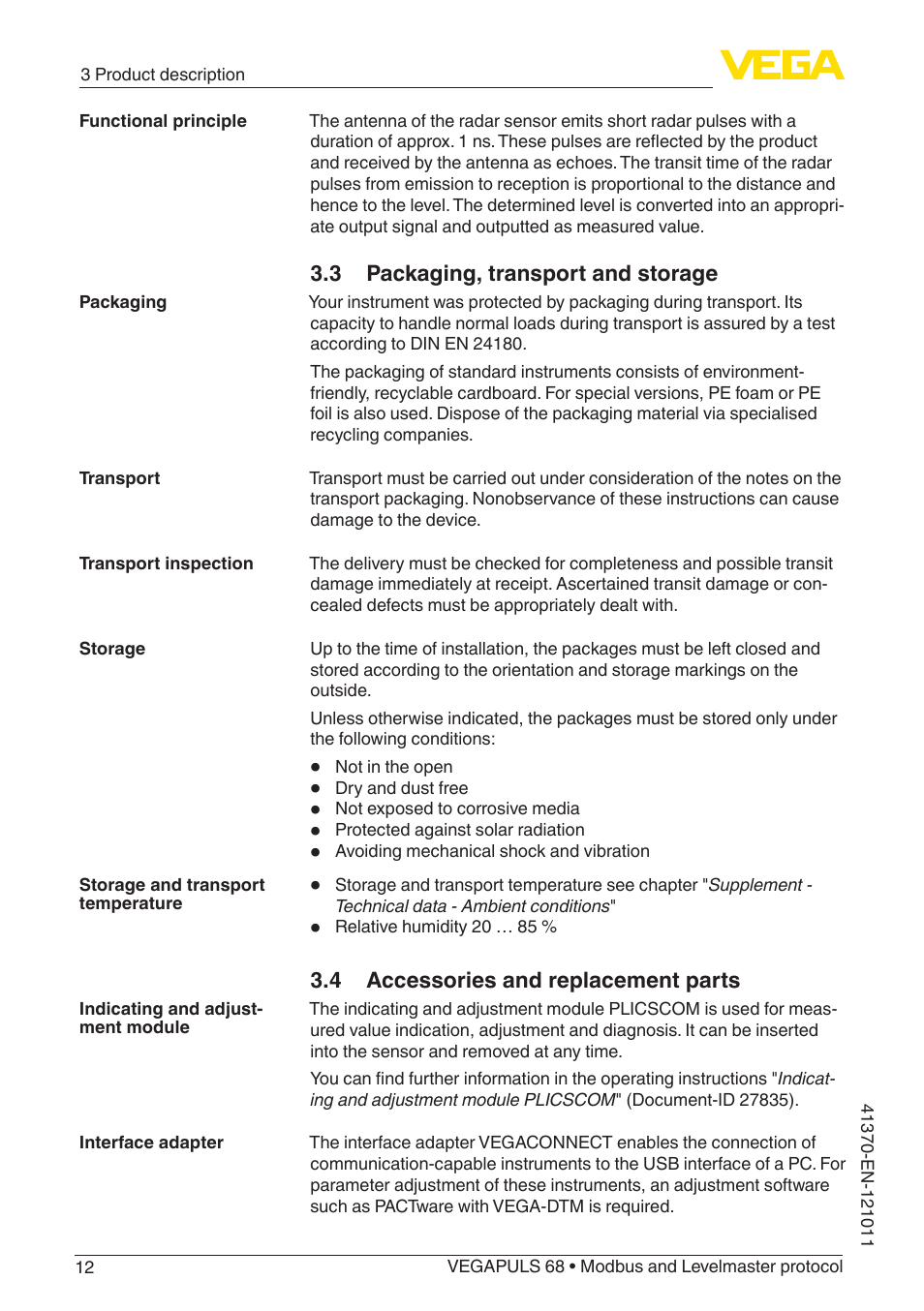 3 packaging, transport and storage, 4 accessories and replacement parts | VEGA VEGAPULS 68 (≥ 2.0.0 - ≥ 4.0.0) Modbus and Levelmaster protocol User Manual | Page 12 / 92