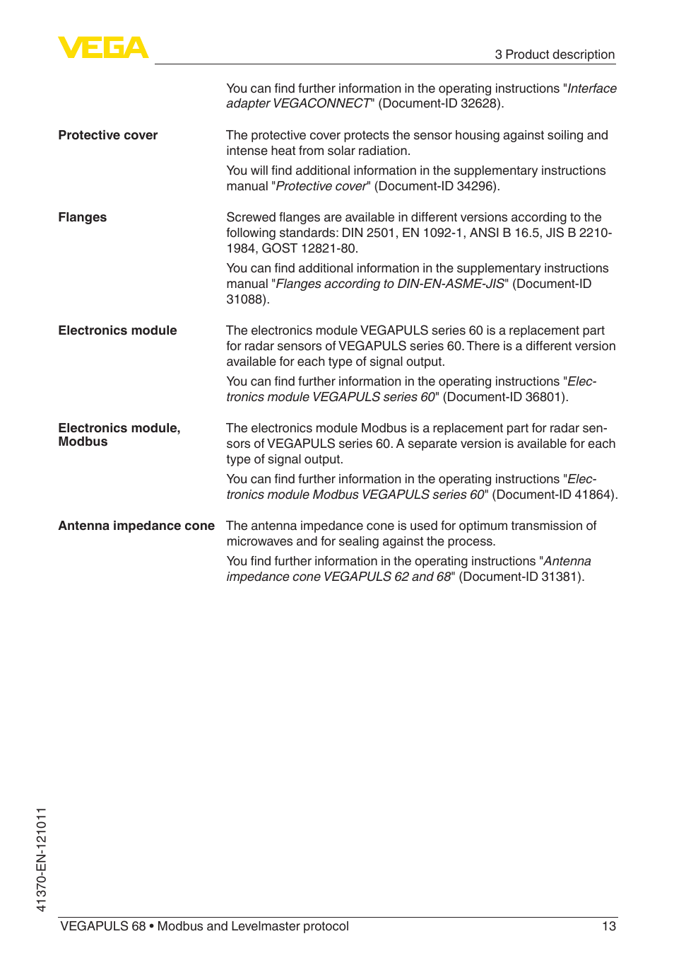 VEGA VEGAPULS 68 (≥ 2.0.0 - ≥ 4.0.0) Modbus and Levelmaster protocol User Manual | Page 13 / 92