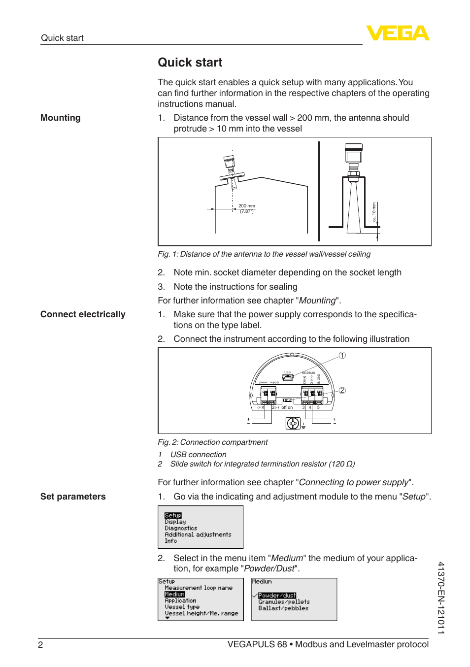 Quick start | VEGA VEGAPULS 68 (≥ 2.0.0 - ≥ 4.0.0) Modbus and Levelmaster protocol User Manual | Page 2 / 92