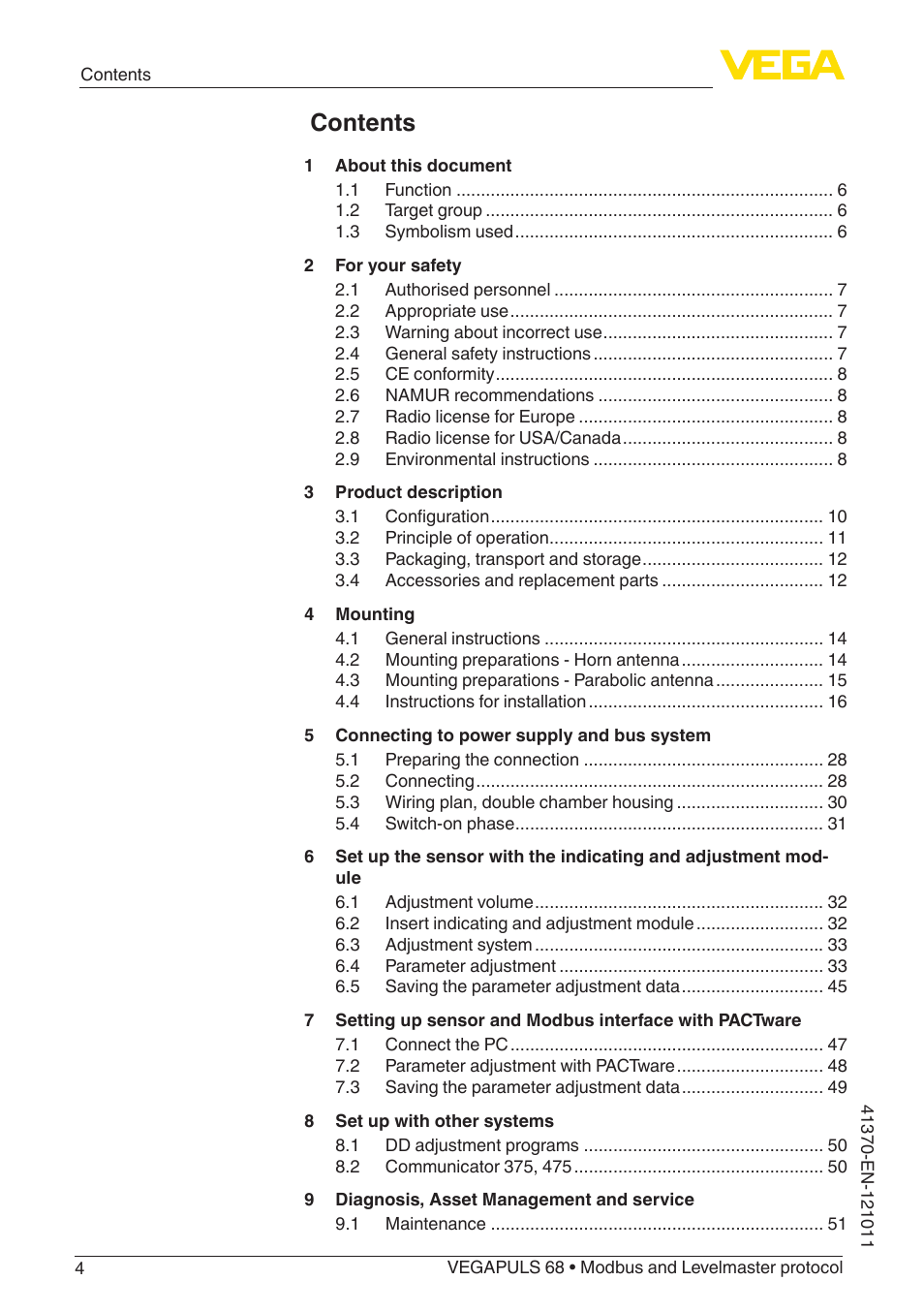 VEGA VEGAPULS 68 (≥ 2.0.0 - ≥ 4.0.0) Modbus and Levelmaster protocol User Manual | Page 4 / 92