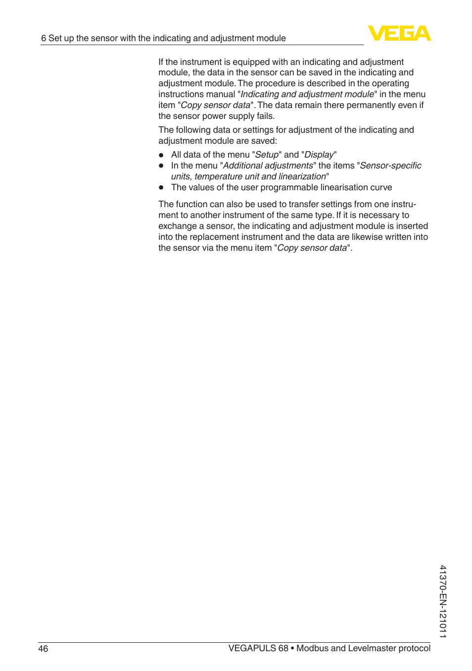 VEGA VEGAPULS 68 (≥ 2.0.0 - ≥ 4.0.0) Modbus and Levelmaster protocol User Manual | Page 46 / 92