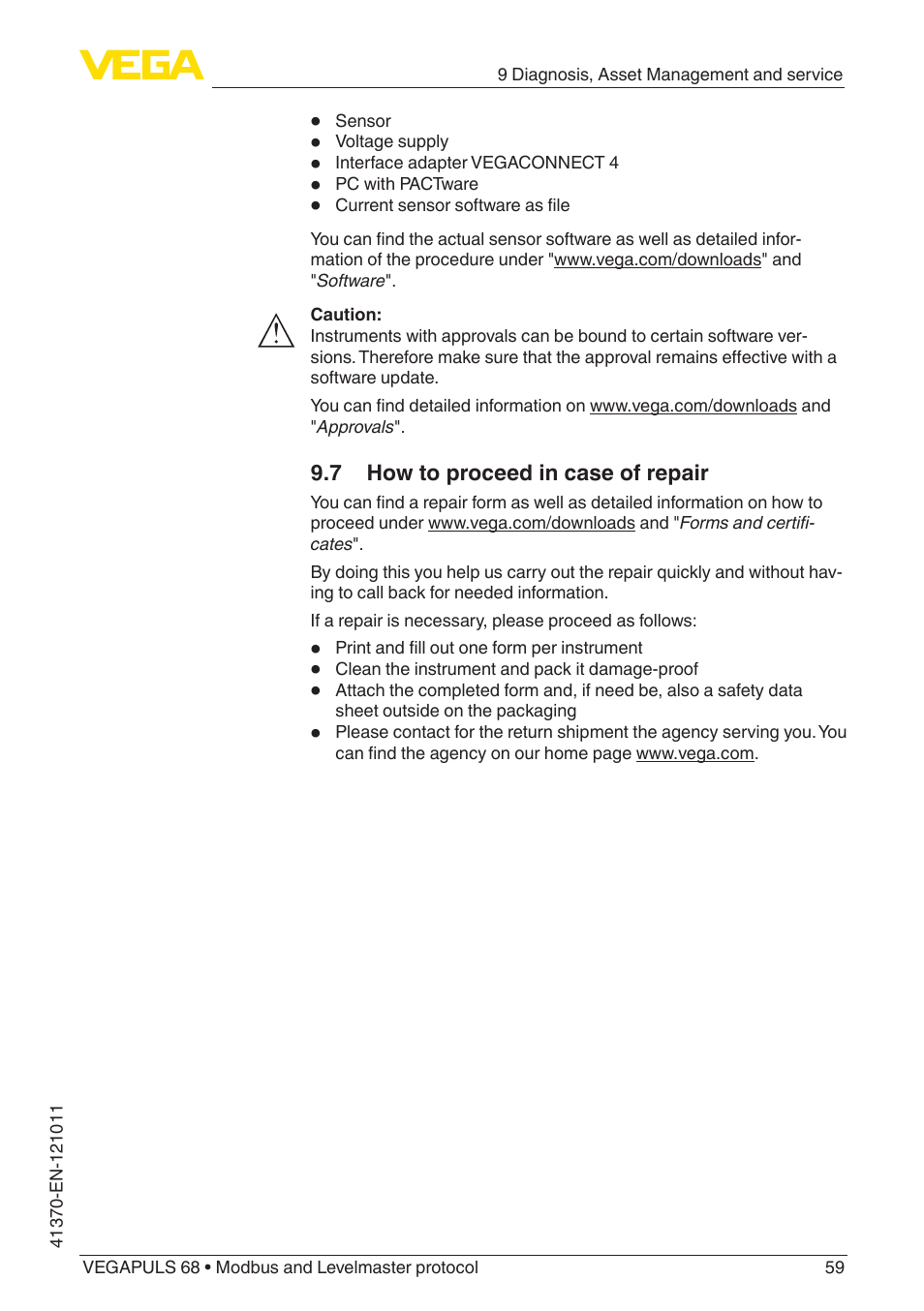 7 how to proceed in case of repair | VEGA VEGAPULS 68 (≥ 2.0.0 - ≥ 4.0.0) Modbus and Levelmaster protocol User Manual | Page 59 / 92