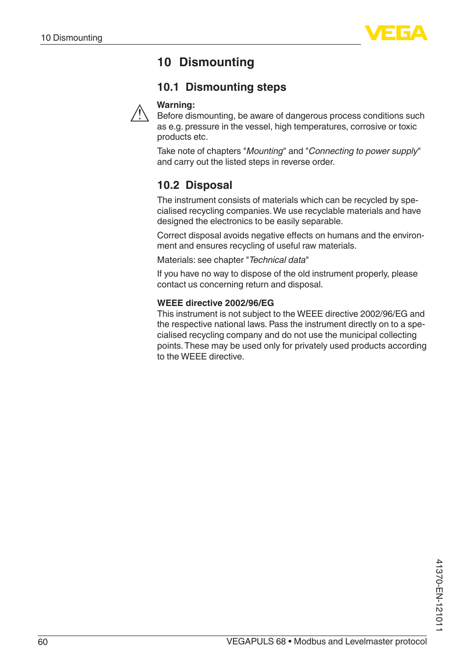 10 dismounting, 1 dismounting steps, 2 disposal | VEGA VEGAPULS 68 (≥ 2.0.0 - ≥ 4.0.0) Modbus and Levelmaster protocol User Manual | Page 60 / 92