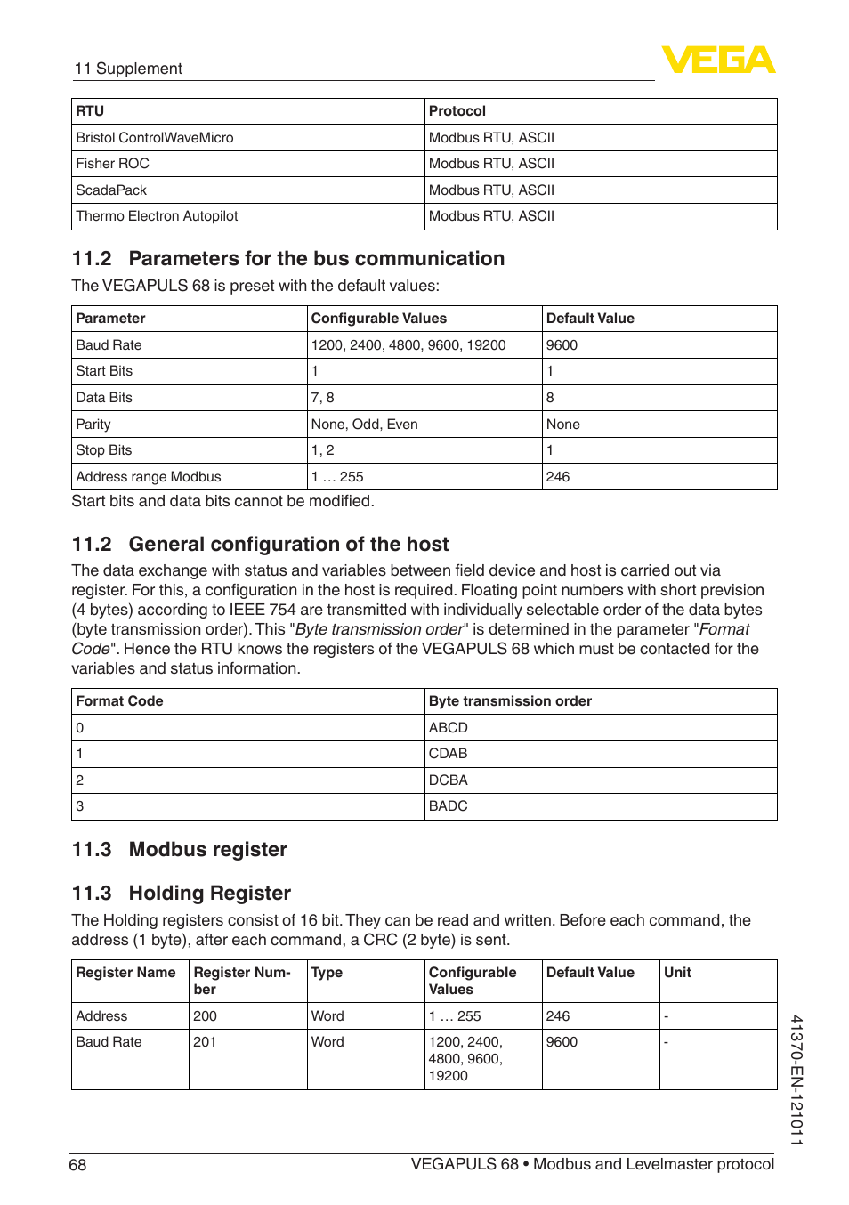 3 modbus register, 2 parameters for the bus communication, 2 general configuration of the host | 3 holding register, 3 modbus register 11.3 holding register | VEGA VEGAPULS 68 (≥ 2.0.0 - ≥ 4.0.0) Modbus and Levelmaster protocol User Manual | Page 68 / 92