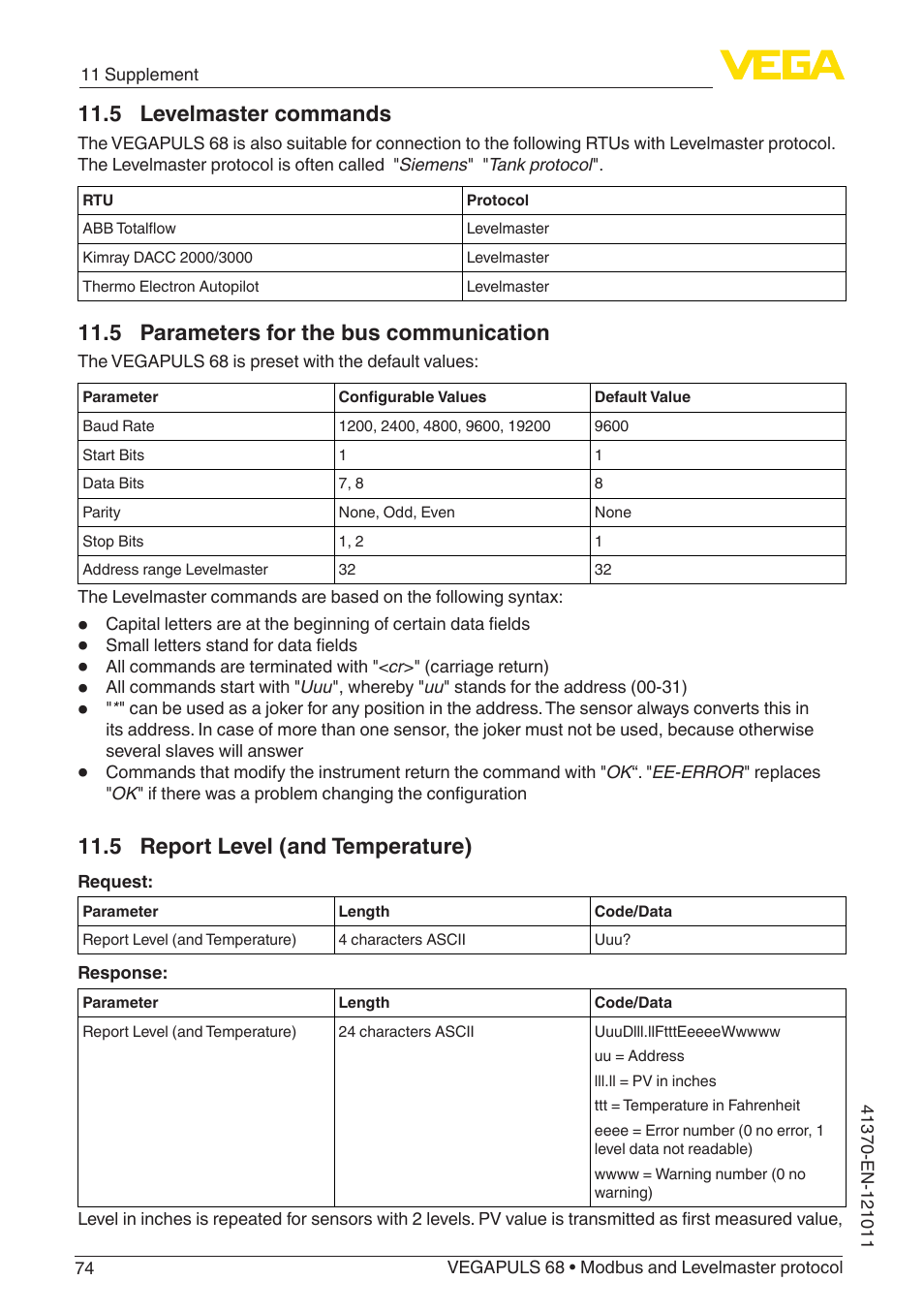 5 levelmaster commands, 5 parameters for the bus communication, 5 report level (and temperature) | VEGA VEGAPULS 68 (≥ 2.0.0 - ≥ 4.0.0) Modbus and Levelmaster protocol User Manual | Page 74 / 92