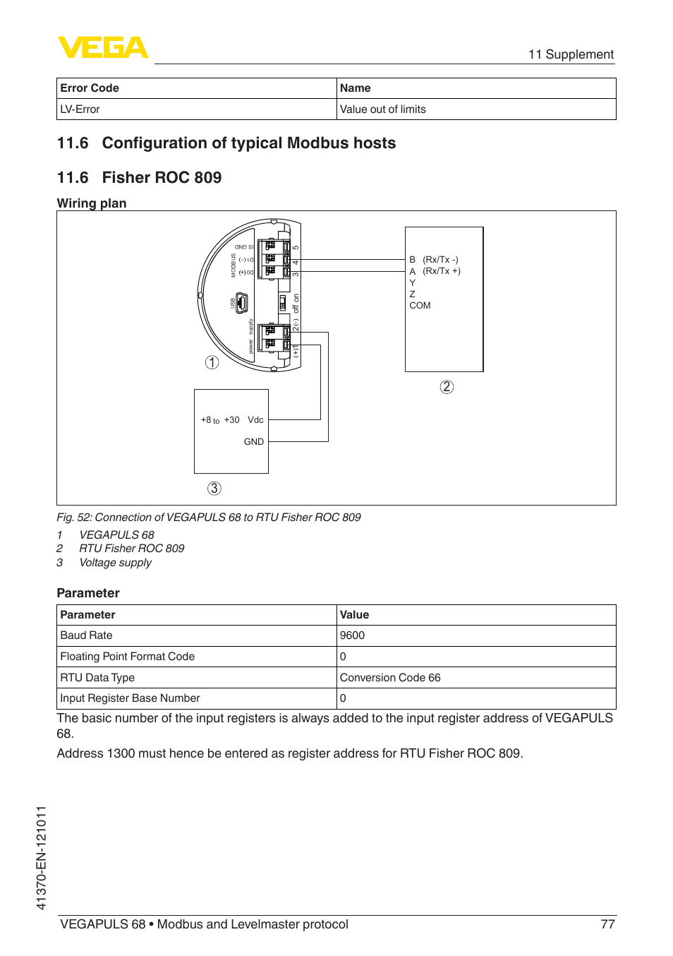 6 configuration of typical modbus hosts, 6 fisher roc 809, Wiring plan | Parameter | VEGA VEGAPULS 68 (≥ 2.0.0 - ≥ 4.0.0) Modbus and Levelmaster protocol User Manual | Page 77 / 92