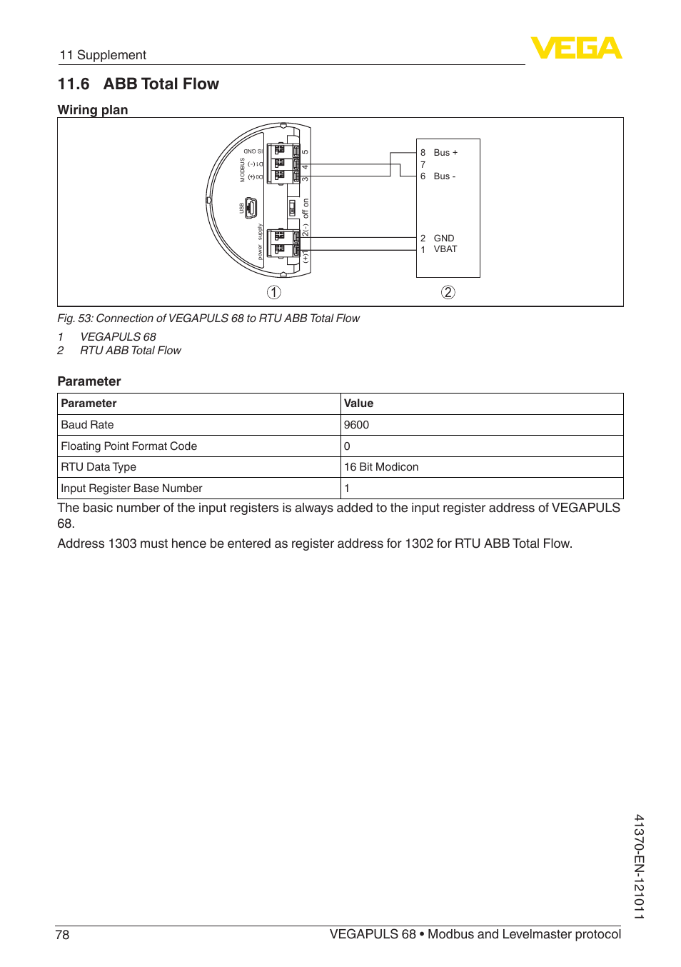 6 abb total flow, Wiring plan, Parameter | VEGA VEGAPULS 68 (≥ 2.0.0 - ≥ 4.0.0) Modbus and Levelmaster protocol User Manual | Page 78 / 92