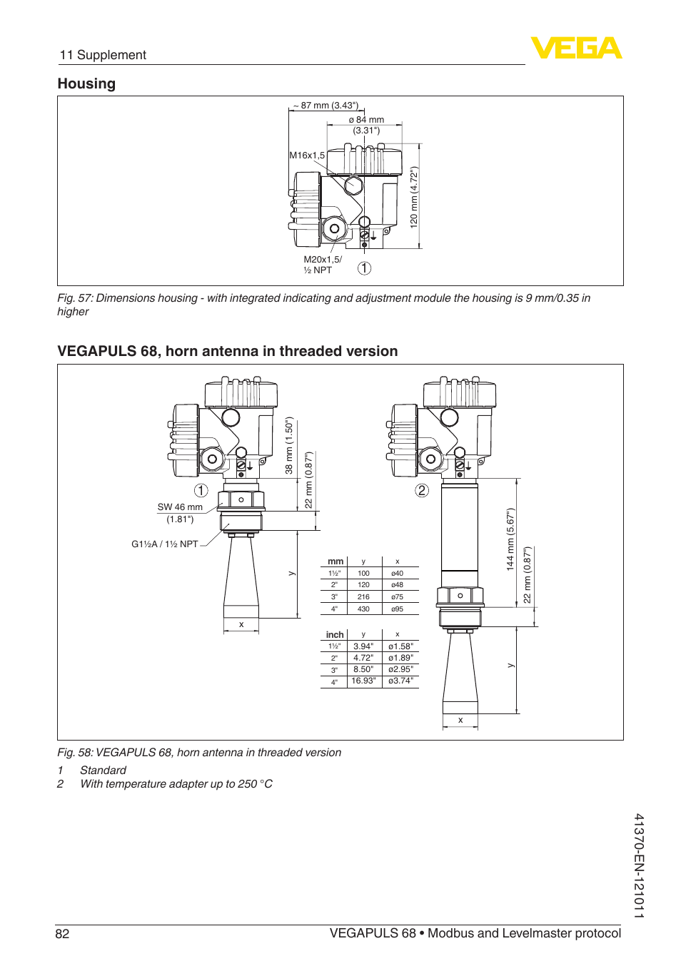 Housing, Vegapuls 68, horn antenna in threaded version | VEGA VEGAPULS 68 (≥ 2.0.0 - ≥ 4.0.0) Modbus and Levelmaster protocol User Manual | Page 82 / 92