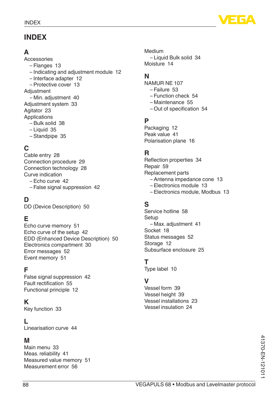 Index | VEGA VEGAPULS 68 (≥ 2.0.0 - ≥ 4.0.0) Modbus and Levelmaster protocol User Manual | Page 88 / 92