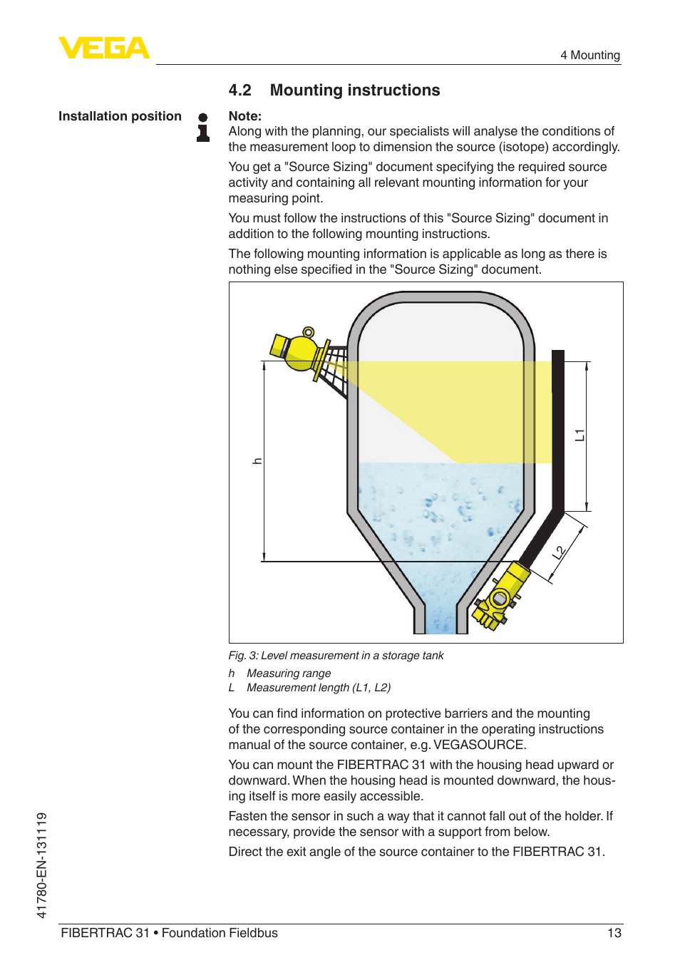 2 mounting instructions | VEGA FIBERTRAC 31 Foundation Fieldbus User Manual | Page 13 / 80