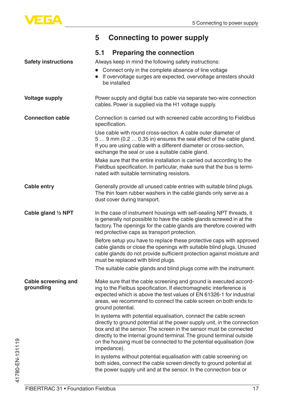 5 connecting to power supply, 1 preparing the connection | VEGA FIBERTRAC 31 Foundation Fieldbus User Manual | Page 17 / 80