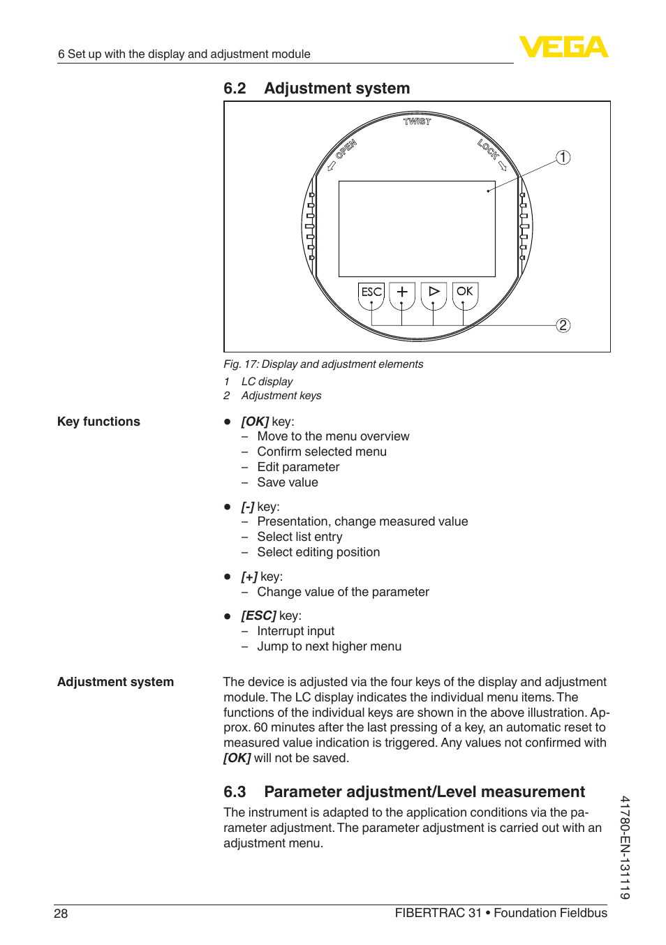 2 adjustment system, 3 parameter adjustment/level measurement | VEGA FIBERTRAC 31 Foundation Fieldbus User Manual | Page 28 / 80