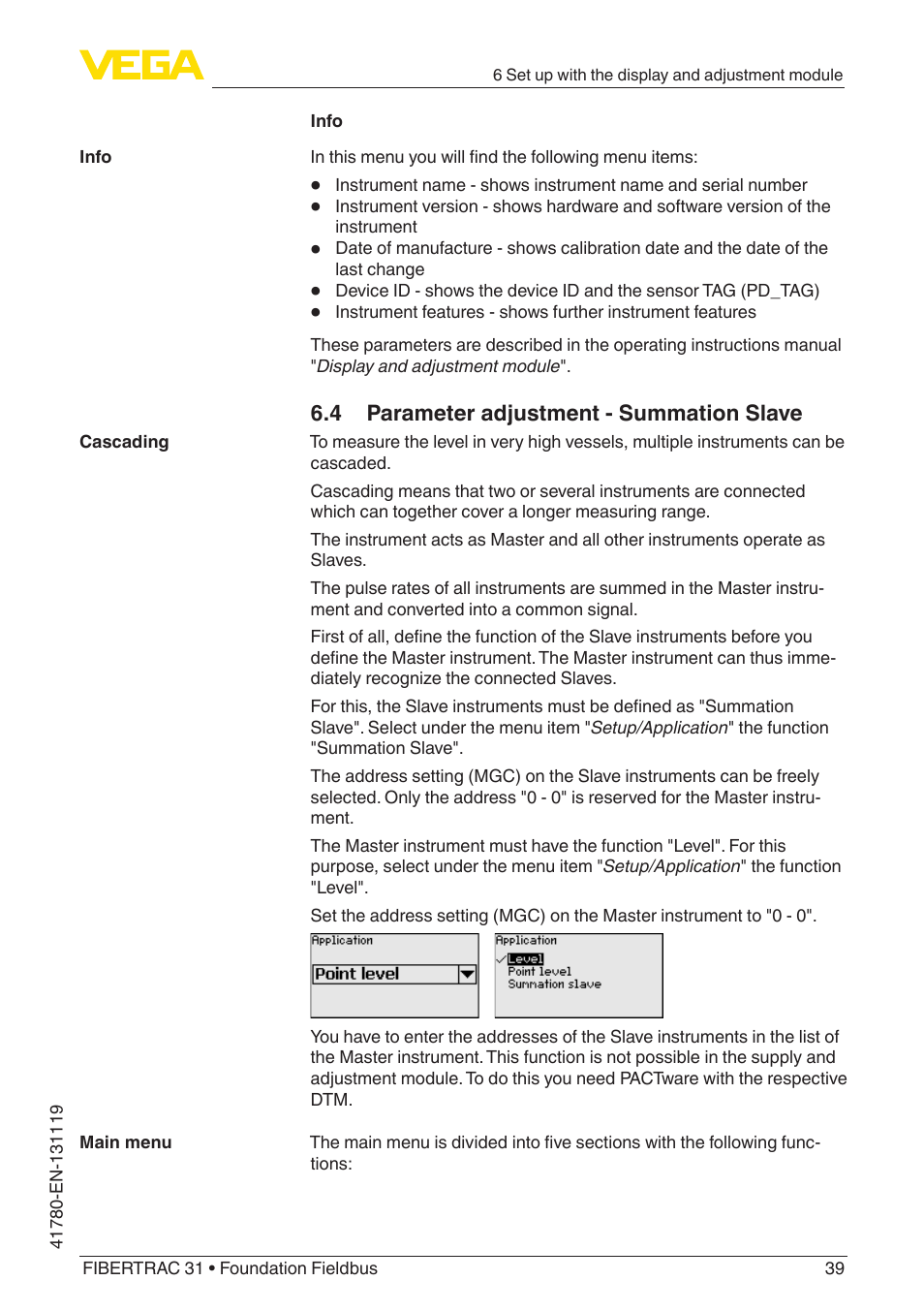 4 parameter adjustment - summation slave | VEGA FIBERTRAC 31 Foundation Fieldbus User Manual | Page 39 / 80