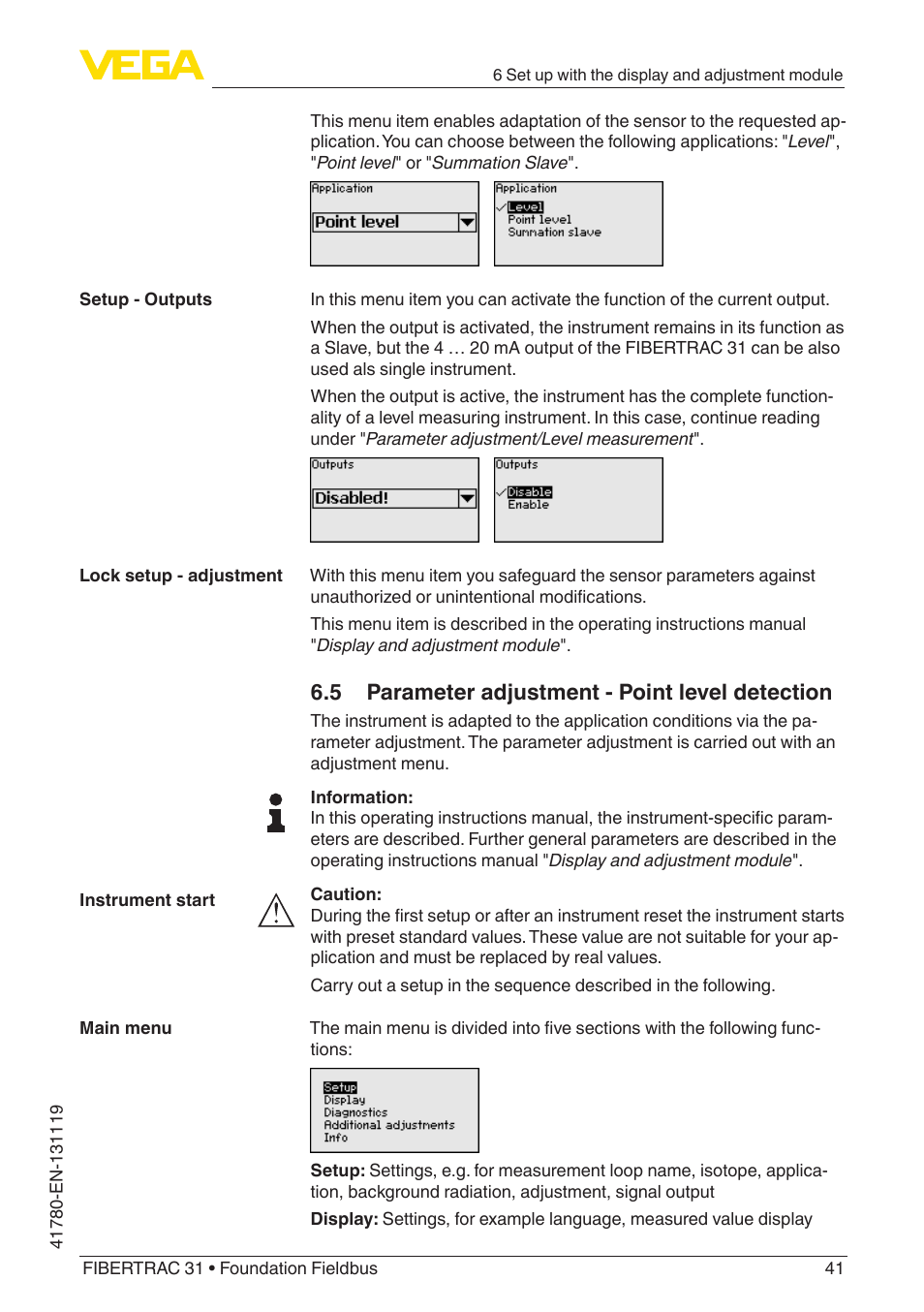 5 parameter adjustment - point level detection | VEGA FIBERTRAC 31 Foundation Fieldbus User Manual | Page 41 / 80