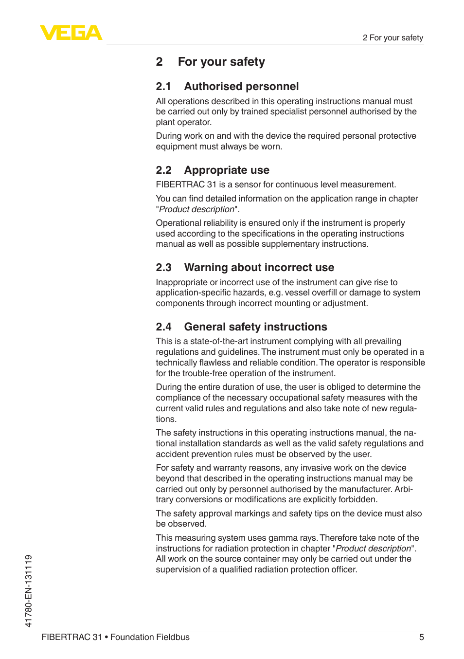 2 for your safety, 1 authorised personnel, 2 appropriate use | 3 warning about incorrect use, 4 general safety instructions | VEGA FIBERTRAC 31 Foundation Fieldbus User Manual | Page 5 / 80