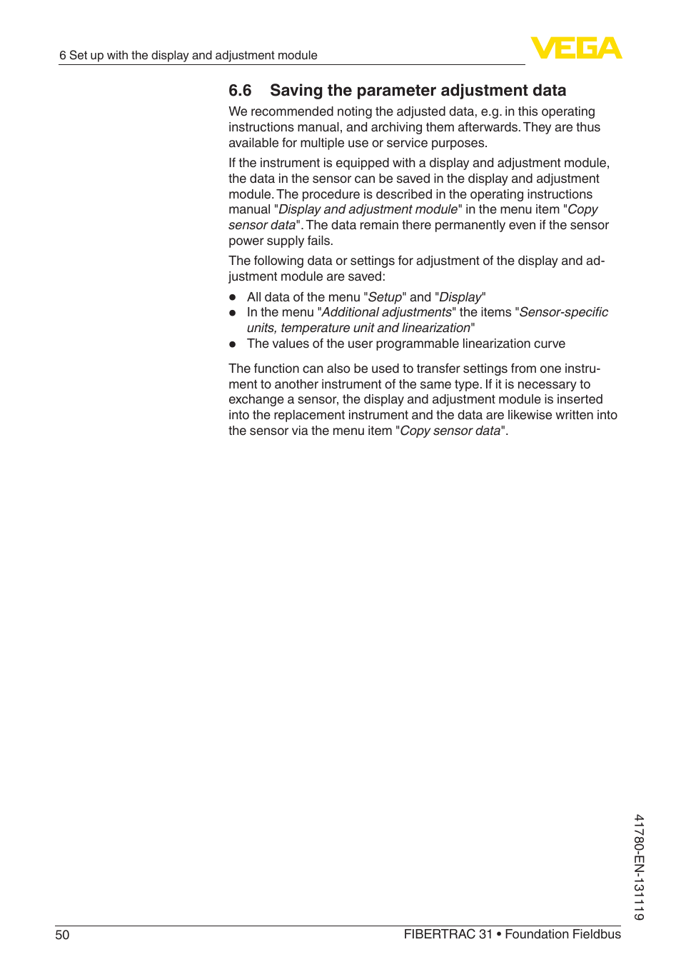 6 saving the parameter adjustment data | VEGA FIBERTRAC 31 Foundation Fieldbus User Manual | Page 50 / 80