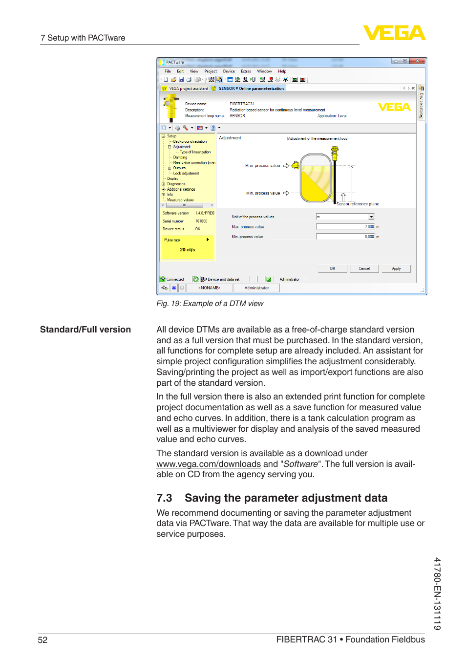 3 saving the parameter adjustment data | VEGA FIBERTRAC 31 Foundation Fieldbus User Manual | Page 52 / 80