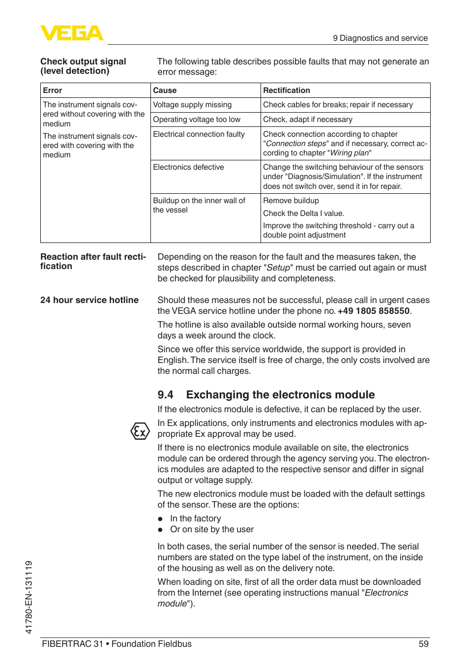 4 exchanging the electronics module | VEGA FIBERTRAC 31 Foundation Fieldbus User Manual | Page 59 / 80