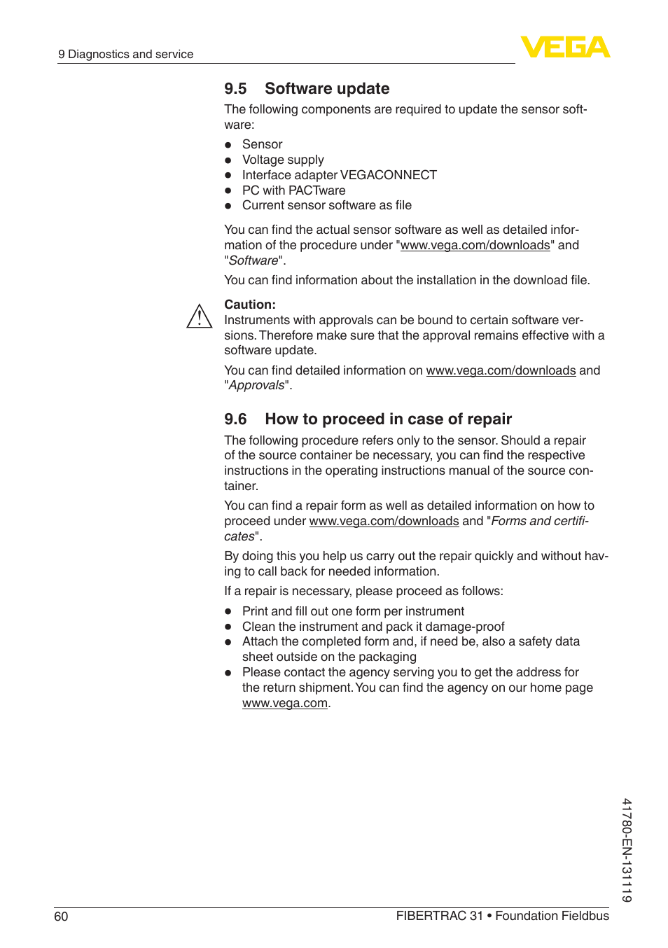 5 software update, 6 how to proceed in case of repair | VEGA FIBERTRAC 31 Foundation Fieldbus User Manual | Page 60 / 80