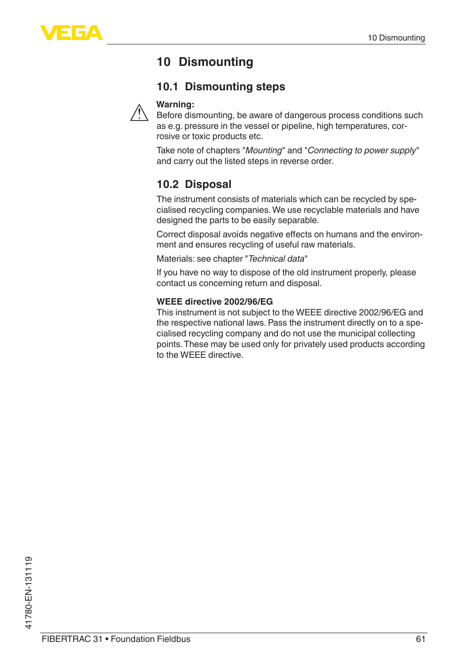 10 dismounting, 1 dismounting steps, 2 disposal | VEGA FIBERTRAC 31 Foundation Fieldbus User Manual | Page 61 / 80