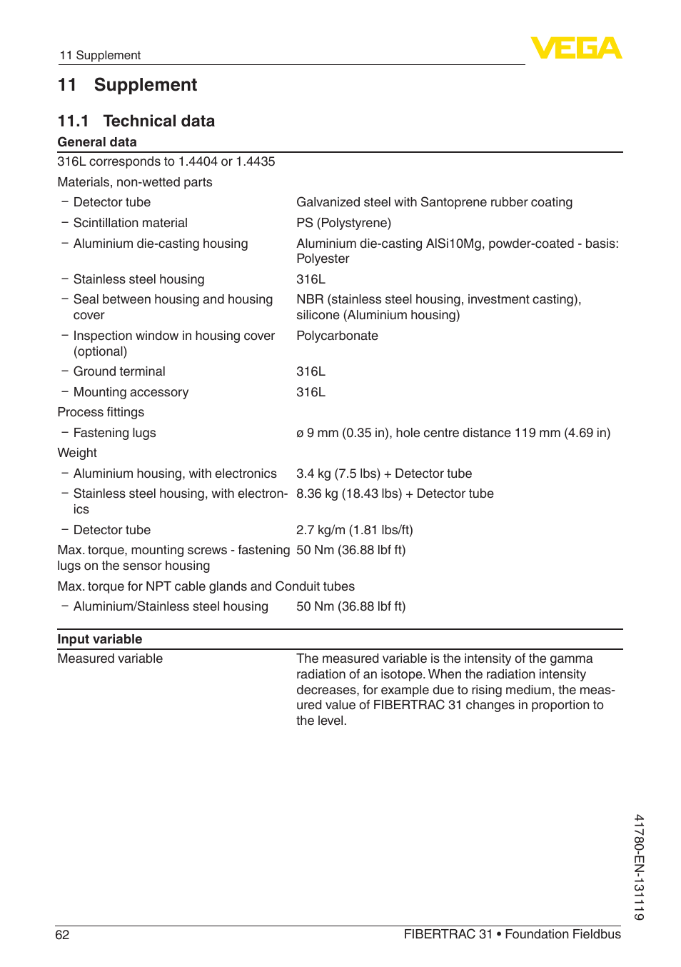 11 supplement, 1 technical data | VEGA FIBERTRAC 31 Foundation Fieldbus User Manual | Page 62 / 80