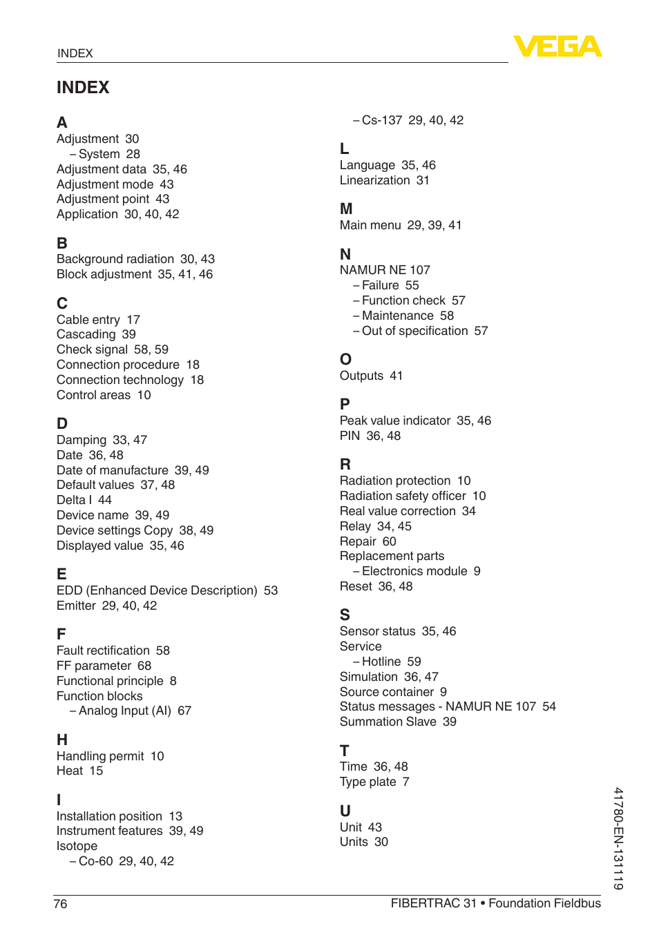 Index | VEGA FIBERTRAC 31 Foundation Fieldbus User Manual | Page 76 / 80