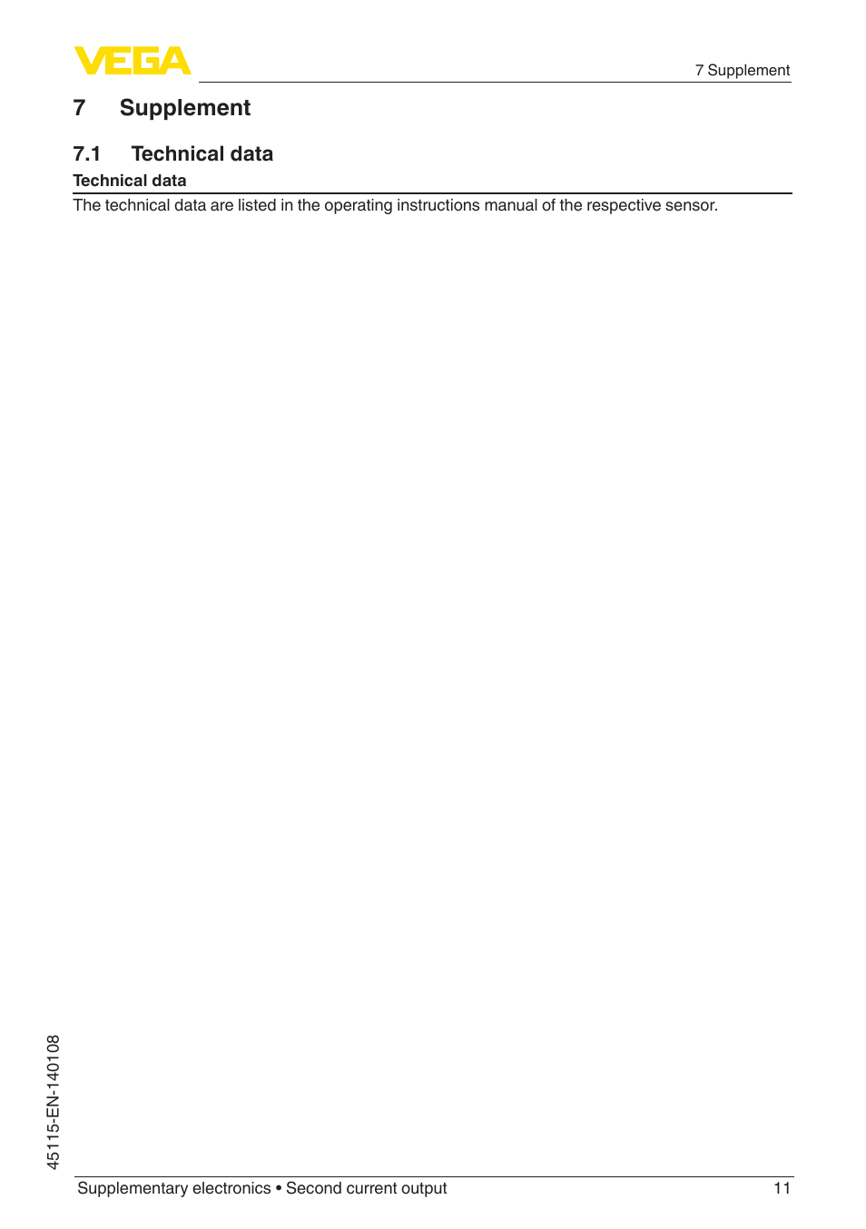 7 supplement, 1 technical data | VEGA Supplementary electronics Second current output User Manual | Page 11 / 12