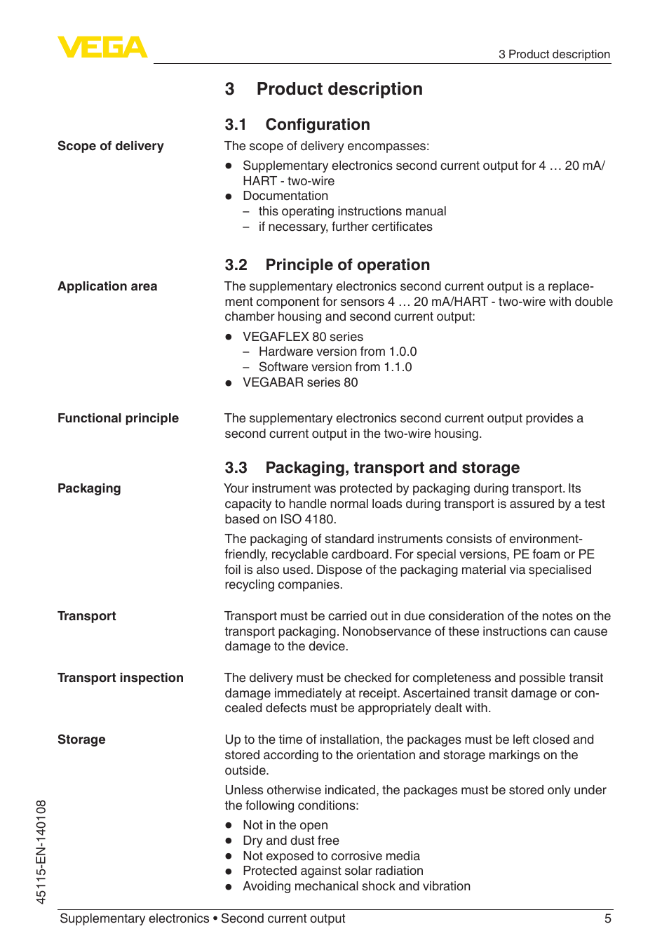 3 product description, 1 configuration, 2 principle of operation | 3 packaging, transport and storage | VEGA Supplementary electronics Second current output User Manual | Page 5 / 12