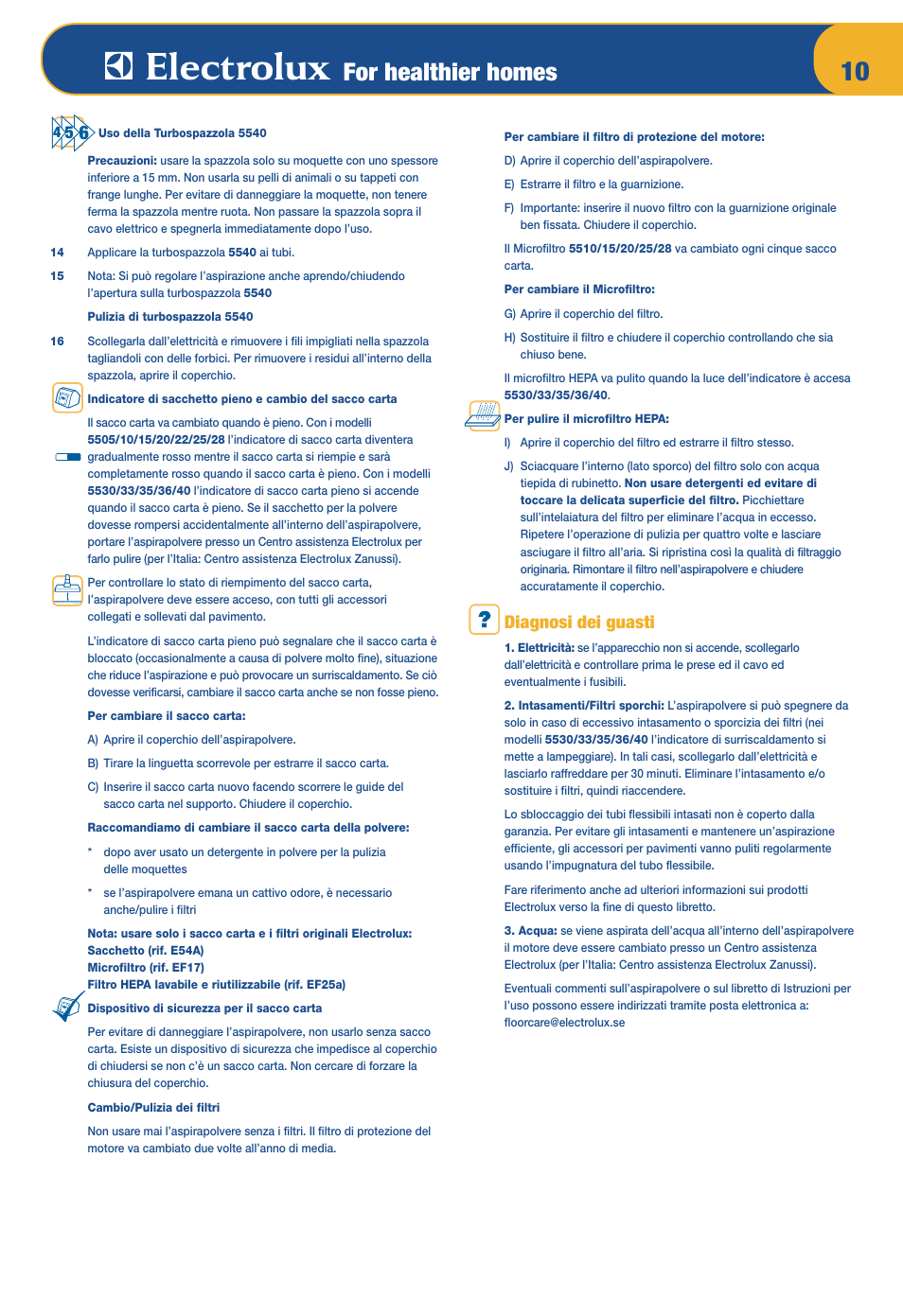 For healthier homes, Diagnosi dei guasti | Electrolux Z 5533 User Manual | Page 14 / 79