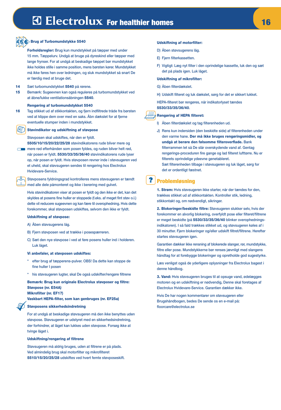 For healthier homes, Problemløsning | Electrolux Z 5533 User Manual | Page 20 / 79