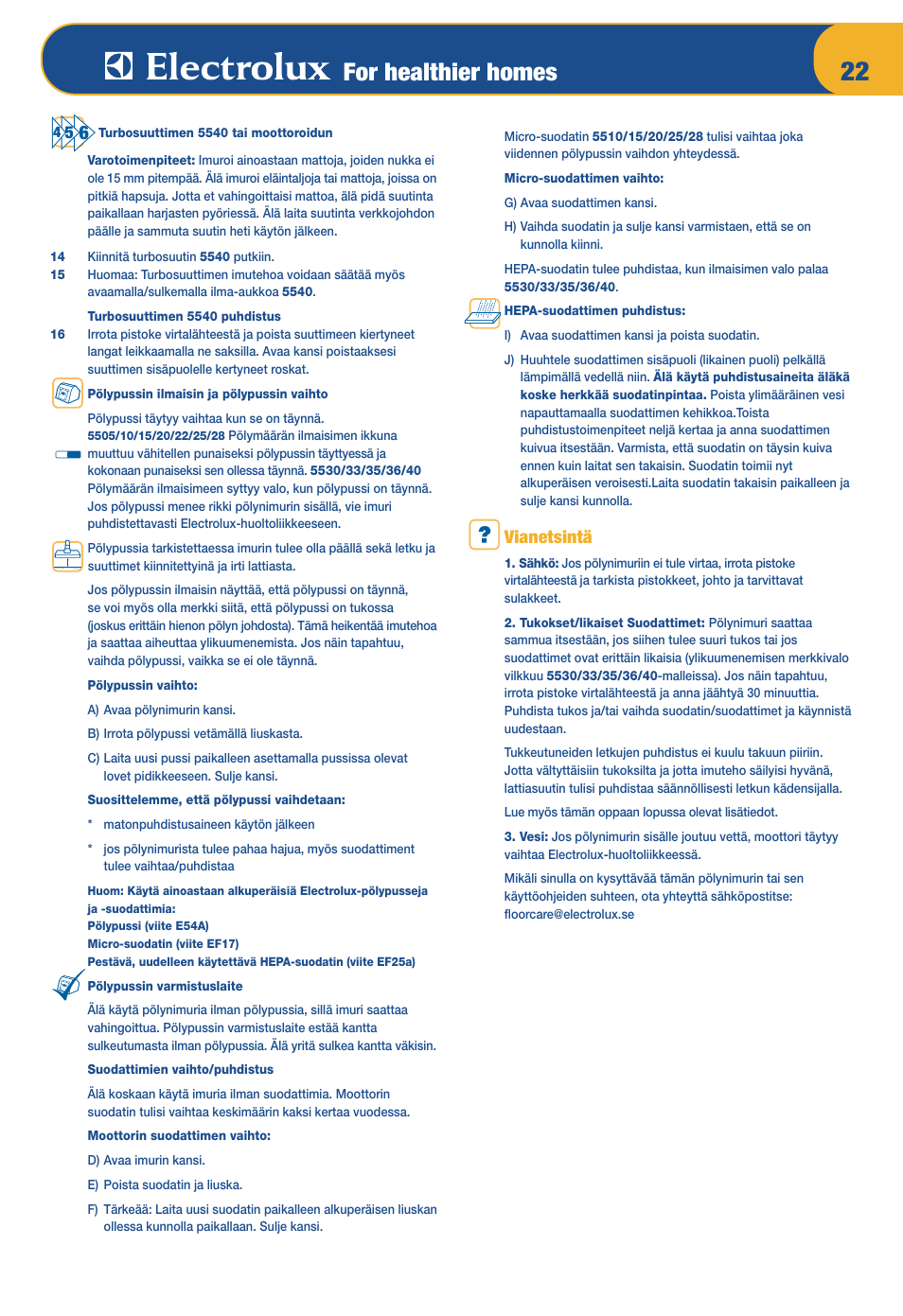 For healthier homes, Vianetsintä | Electrolux Z 5533 User Manual | Page 26 / 79