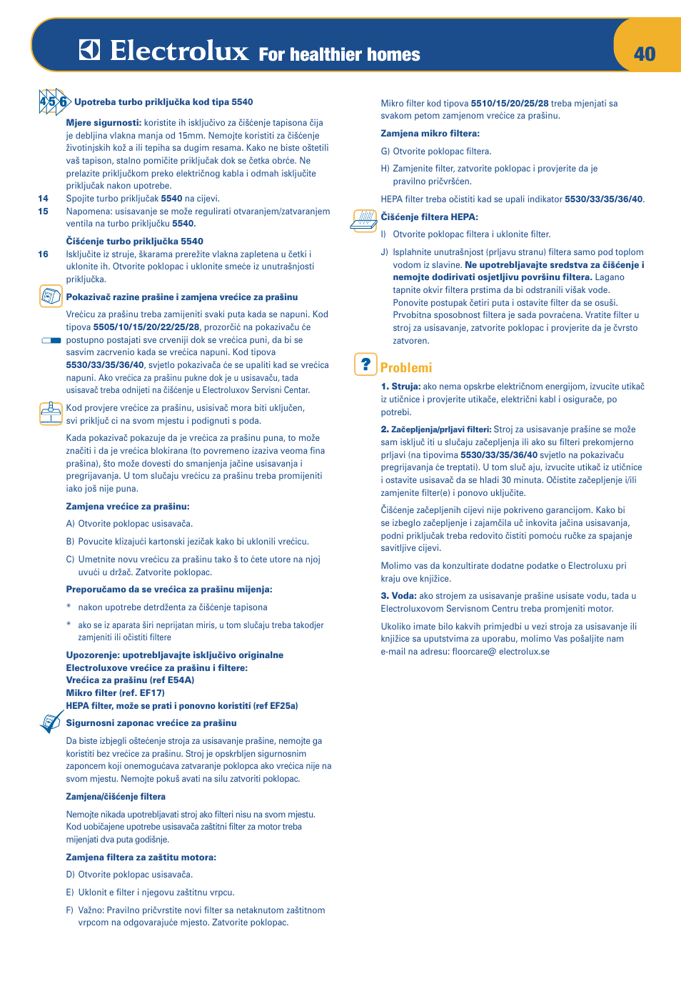 For healthier homes, Problemi | Electrolux Z 5533 User Manual | Page 44 / 79