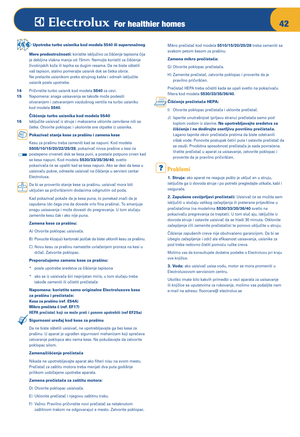 For healthier homes, Problemi | Electrolux Z 5533 User Manual | Page 46 / 79