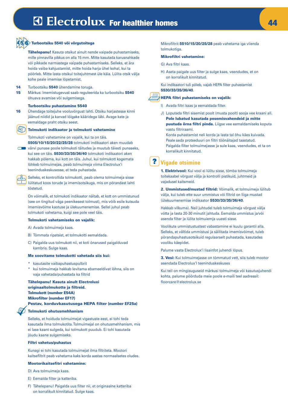 For healthier homes, Vigade otsimine | Electrolux Z 5533 User Manual | Page 48 / 79