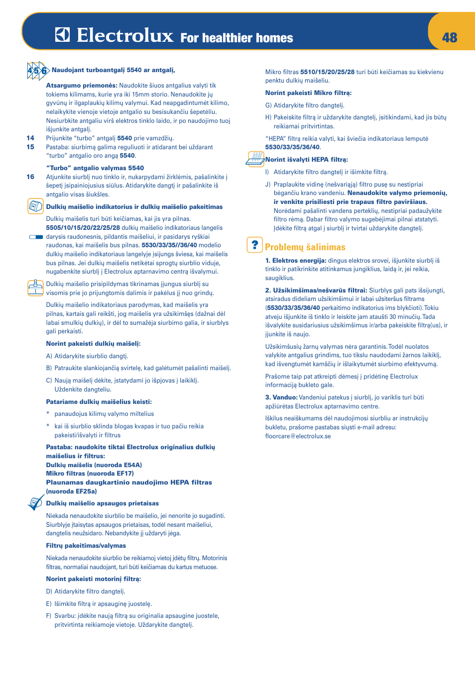 For healthier homes, Problemž ‰alinimas | Electrolux Z 5533 User Manual | Page 52 / 79