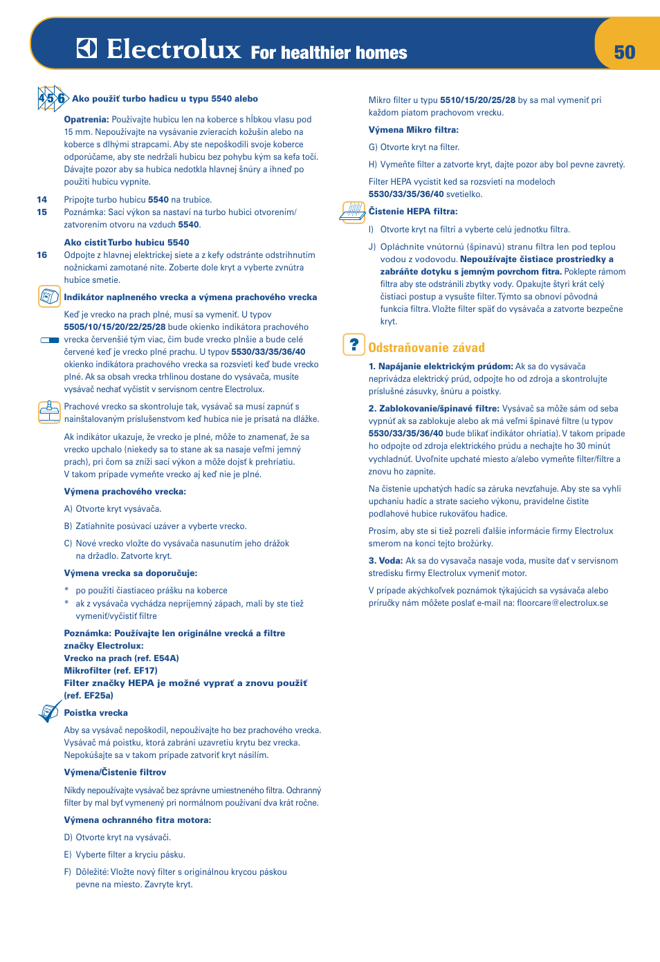 For healthier homes, Odstraàovanie závad | Electrolux Z 5533 User Manual | Page 54 / 79